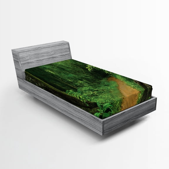 Ambesonne Tropical Fitted Sheet, Jungle Forest Trees, Twin Size, Green Brown