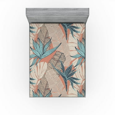 Ambesonne Tropical Fitted Sheet, Jungle Leaves Hand-Drawn, California King, Pale Rust and Blue Grey