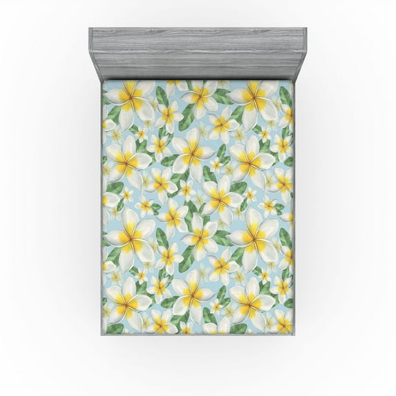 Ambesonne Tropical Fitted Sheet, Little Art Flowers Vintage, Queen Size, Mustard Pale Blue Green