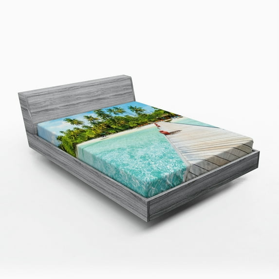 Ambesonne Tropical Fitted Sheet, Maldives Island Beach, Queen Size, Fern Green Turquoise