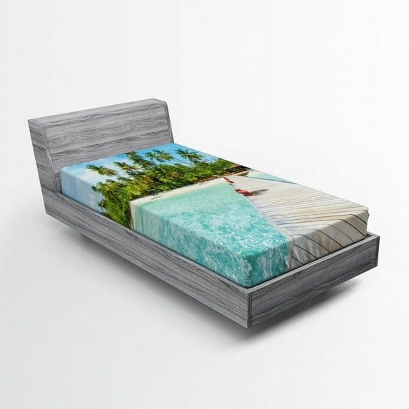 Ambesonne Tropical Fitted Sheet, Maldives Island Beach, Twin XL Size, Fern Green Turquoise