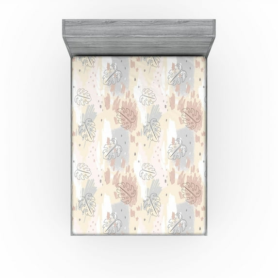 Ambesonne Tropical Fitted Sheet, Monsteras Brush Strokes, Queen Size, Pale Mustard Grey