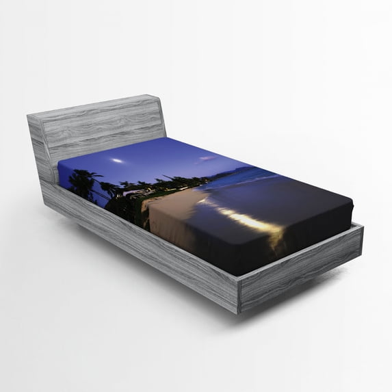 Ambesonne Tropical Fitted Sheet, Moonlight Hawaii Sea, Twin Size, Navy Sand