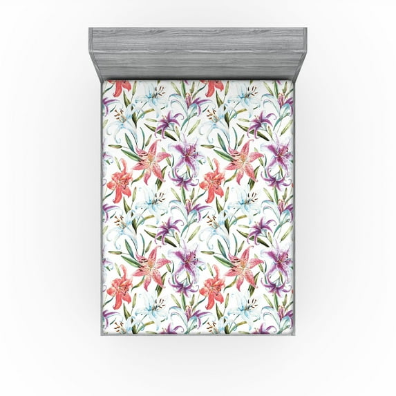 Ambesonne Tropical Fitted Sheet, Multicolored Lilies Leaves, King Size, Dark Salmon Olive Green