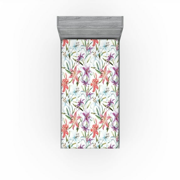 Ambesonne Tropical Fitted Sheet, Multicolored Lilies Leaves, Twin Size, Dark Salmon Olive Green