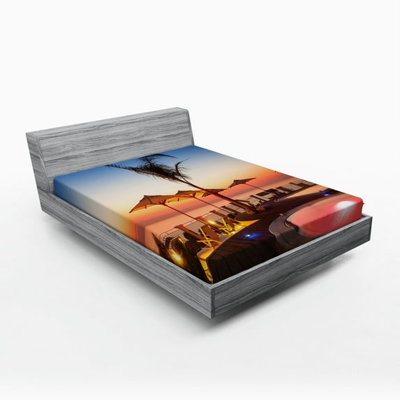 Ambesonne Tropical Fitted Sheet, Ocean View at Sunset, Queen Size, Multicolor