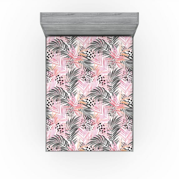 Ambesonne Tropical Fitted Sheet, Overlapped Palm Leaves, King Size, Dark Coral Grey and White