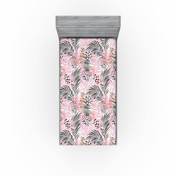 Ambesonne Tropical Fitted Sheet, Overlapped Palm Leaves, Twin XL Size, Dark Coral Grey and White
