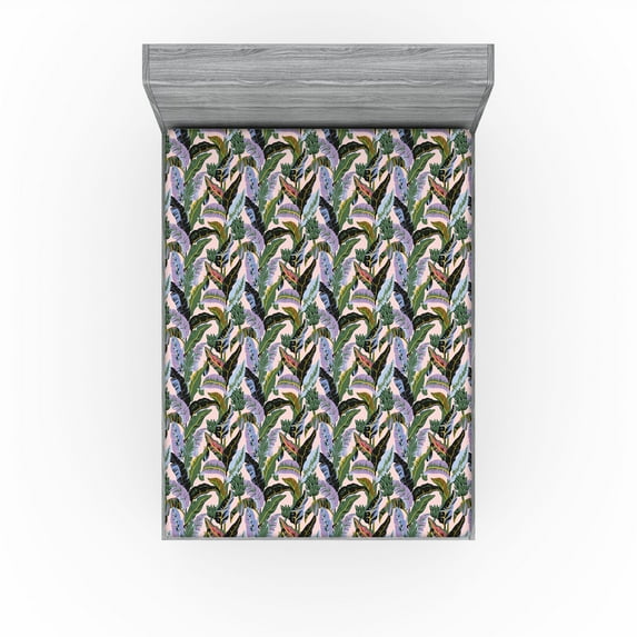 Ambesonne Tropical Fitted Sheet, Palm Foliage Hand-Drawn, California King, Pale Lavender and Fern Green
