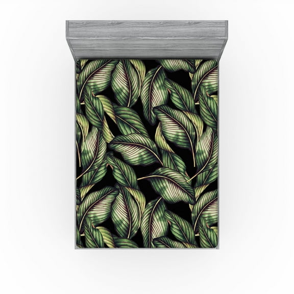 Ambesonne Tropical Fitted Sheet, Palm Foliage Overlapped, California King, Reseda Green Dark Purple