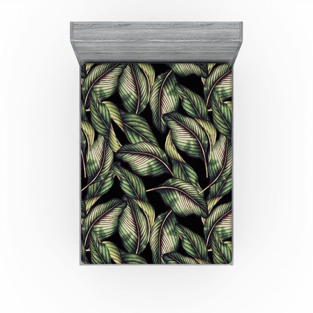 Ambesonne Tropical Fitted Sheet, Palm Foliage Overlapped, Queen Size, Reseda Green Dark Purple