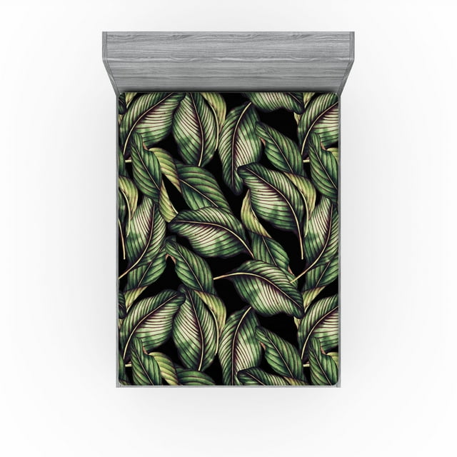 Ambesonne Tropical Fitted Sheet, Palm Foliage Overlapped, Queen Size, Reseda Green Dark Purple