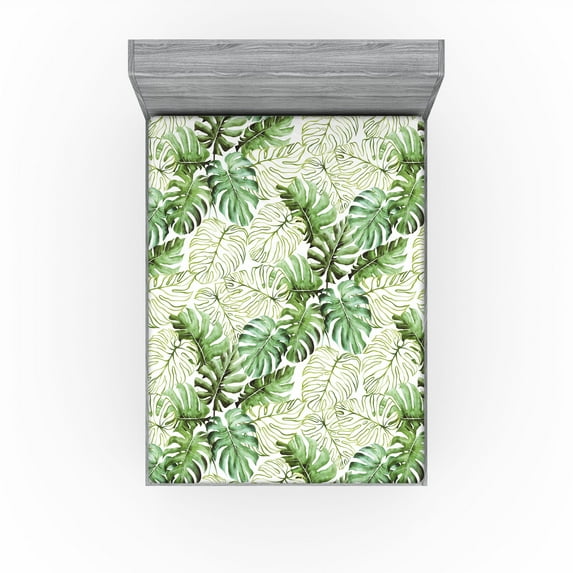 Ambesonne Tropical Fitted Sheet, Palm Foliage Watercolor, California King, Pale Reseda Green White