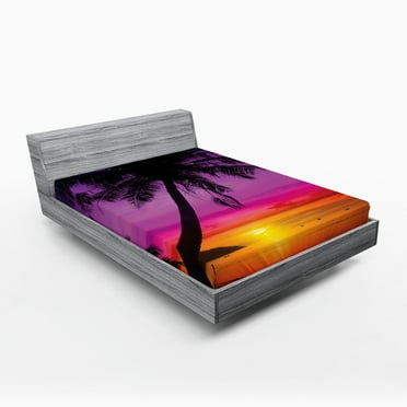 Ambesonne Tropical Fitted Sheet, Palm Shadow at Sunset, Full Size, Purple Orange Black