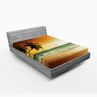 Ambesonne Tropical Fitted Sheet, Palm Tree Exotic Beach, Full Size, Amber Green White
