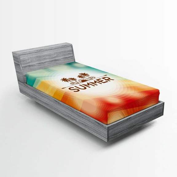 Ambesonne Tropical Fitted Sheet, Palm Tree Sun Holiday, Twin XL Size, Orange Scarlet Teal