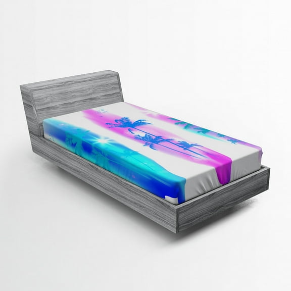 Ambesonne Tropical Fitted Sheet, Palm Trees Seagulls, Twin Size, Pale Yellow Fuchsia