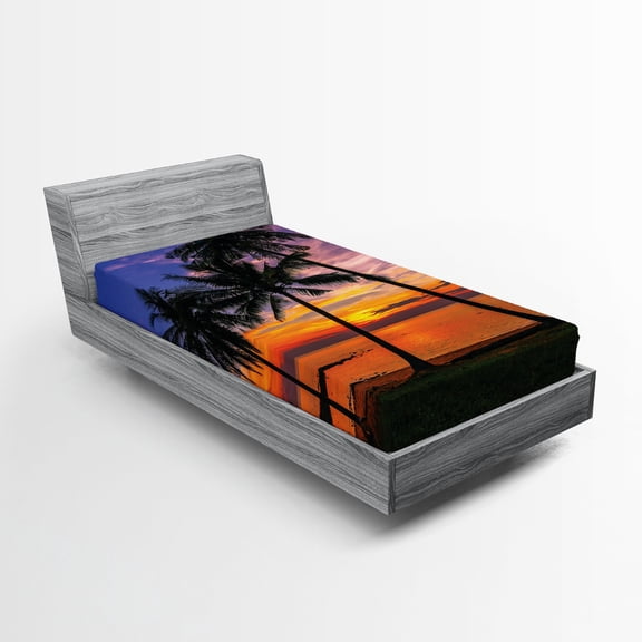 Ambesonne Tropical Fitted Sheet, Palm Trees Sunset View, Twin Size, Multicolor