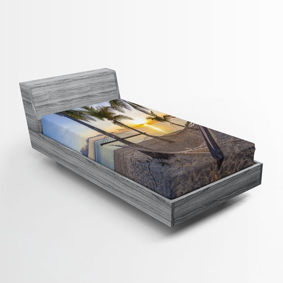 Ambesonne Tropical Fitted Sheet, Paradise Beach Palms, Twin XL Size, Multicolor