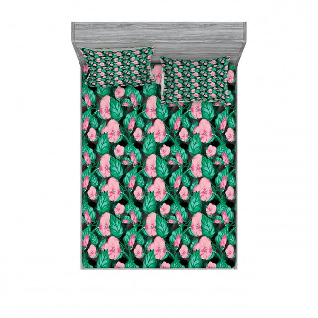 Ambesonne Tropical Fitted Sheet & Pillow Sham Set, Arrangement of Foliage, Queen, Pale Pink and Sea Green