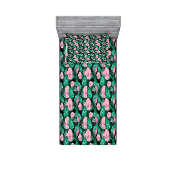 Ambesonne Tropical Fitted Sheet & Pillow Sham Set, Arrangement of Foliage, Twin, Pale Pink and Sea Green