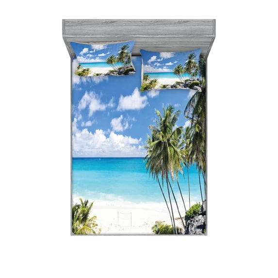 Ambesonne Tropical Fitted Sheet & Pillow Sham Set, Barbados Beach Ocean, Calking, Multicolor