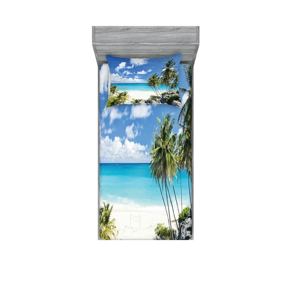 Ambesonne Tropical Fitted Sheet & Pillow Sham Set, Barbados Beach Ocean, Twinxl, Multicolor
