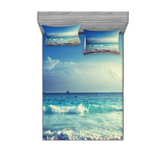 Ambesonne Tropical Fitted Sheet & Pillow Sham Set, Beach Sunset Waves, Calking, Cream Turquoise