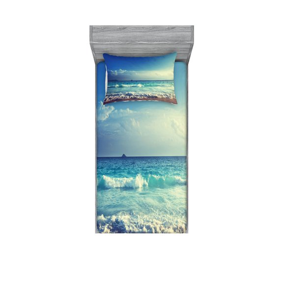 Ambesonne Tropical Fitted Sheet & Pillow Sham Set, Beach Sunset Waves, Twinxl, Cream Turquoise