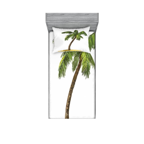 Ambesonne Tropical Fitted Sheet & Pillow Sham Set, Cartoon Palm Trees, Twin, Green Brown