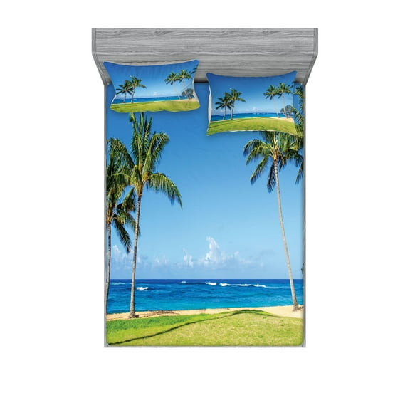 Ambesonne Tropical Fitted Sheet & Pillow Sham Set, Coconut Palm Hawaii, Full, Blue Green