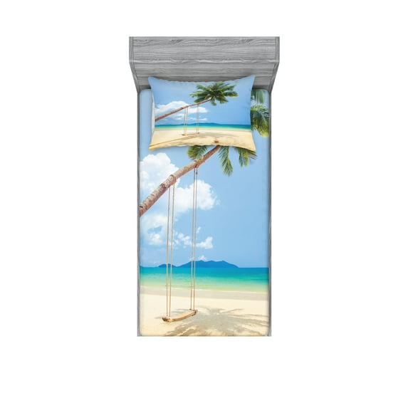 Ambesonne Tropical Fitted Sheet & Pillow Sham Set, Coconut Palms Island, Twin, Cream Blue Green