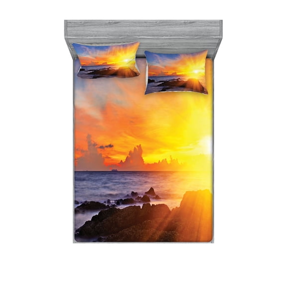 Ambesonne Tropical Fitted Sheet & Pillow Sham Set, Colorful Sunset Sky, Full, Orange Blue