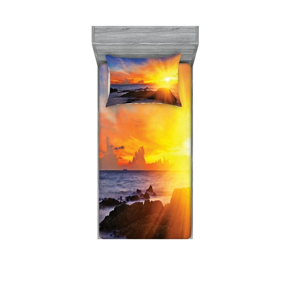 Ambesonne Tropical Fitted Sheet & Pillow Sham Set, Colorful Sunset Sky, Twin, Orange Blue