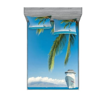 Ambesonne Tropical Fitted Sheet & Pillow Sham Set, Cruise Ship Palm Tree, Queen, Turquoise Green