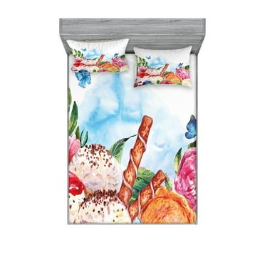 Ambesonne Tropical Fitted Sheet & Pillow Sham Set, Dessert and Flower Art, Queen, Multicolor