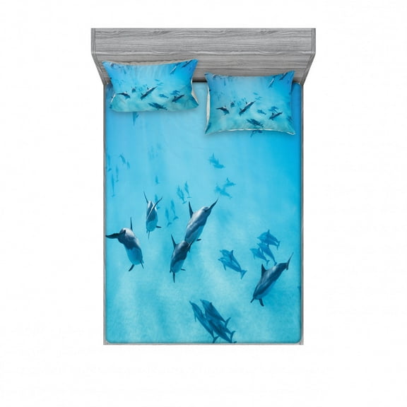 Ambesonne Tropical Fitted Sheet & Pillow Sham Set, Dolphins Hawaii Ocean, Full, Blue