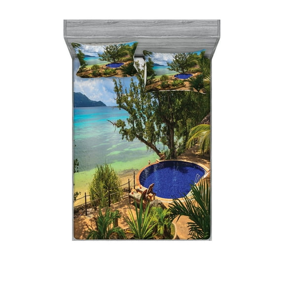 Ambesonne Tropical Fitted Sheet & Pillow Sham Set, Exotic Beach Summer, Full, Green Blue Pale Brown