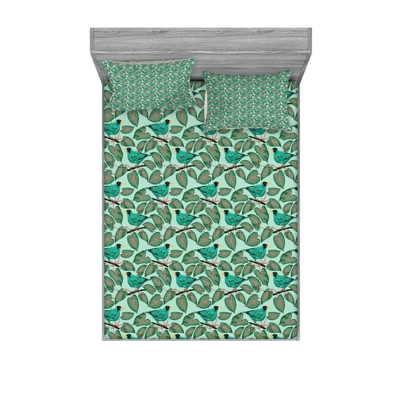 Ambesonne Tropical Fitted Sheet & Pillow Sham Set, Exotic Flora Fauna Birds, Queen, Multicolor
