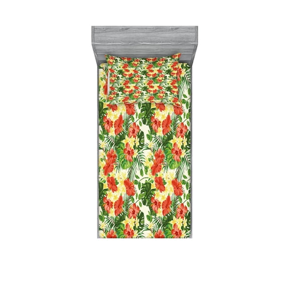 Ambesonne Tropical Fitted Sheet & Pillow Sham Set, Exotic Flowers Pattern, Twin, Red Pale Yellow Green