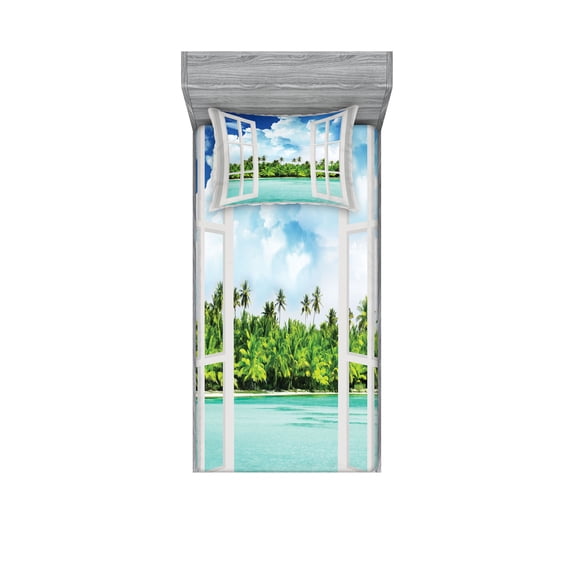 Ambesonne Tropical Fitted Sheet & Pillow Sham Set, Exotic Forest near Ocean, Twin, Aqua Green and Blue