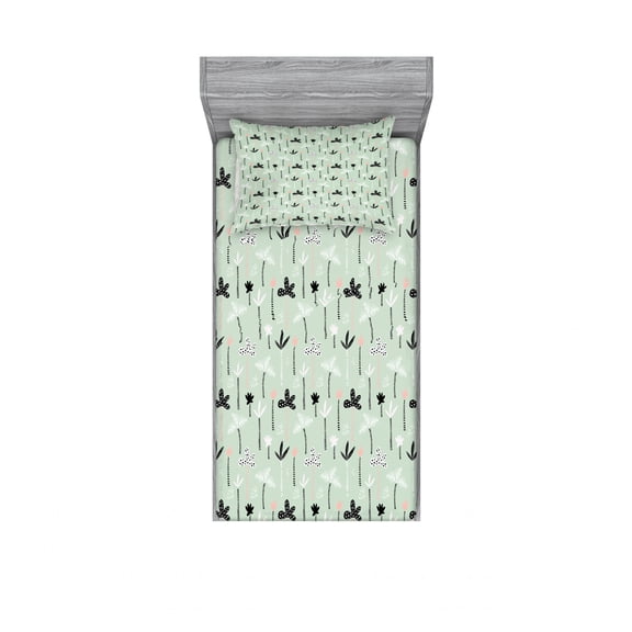 Ambesonne Tropical Fitted Sheet & Pillow Sham Set, Exotic Hawaiian Palm Trees, Twin, Mint Green Black