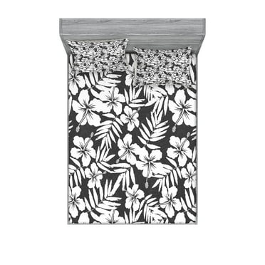 Ambesonne Tropical Fitted Sheet & Pillow Sham Set, Exotic Hibiscus Flower, Queen, Grey and White