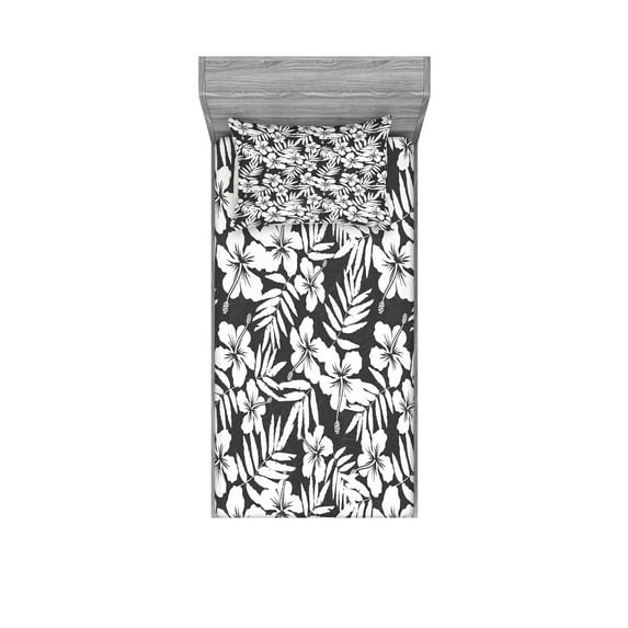 Ambesonne Tropical Fitted Sheet & Pillow Sham Set, Exotic Hibiscus Flower, Twinxl, Grey and White