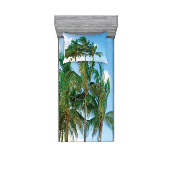 Ambesonne Tropical Fitted Sheet & Pillow Sham Set, Exotic Idyllic Nature, Twin, Green