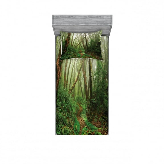 Ambesonne Tropical Fitted Sheet & Pillow Sham Set, Exotic Jungle Forest, Twinxl, Green Brown