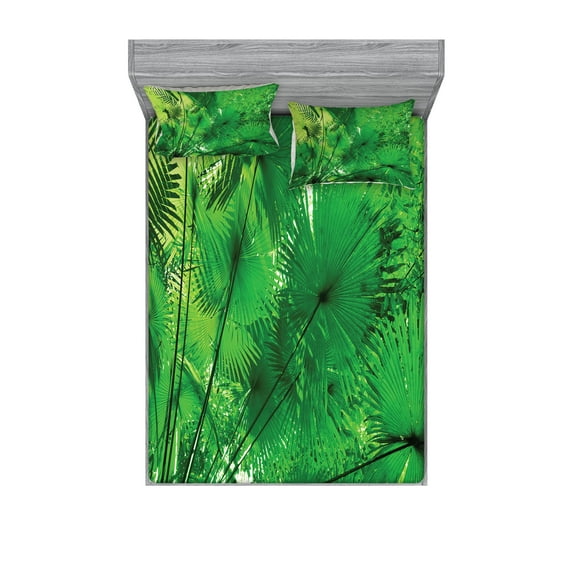 Ambesonne Tropical Fitted Sheet & Pillow Sham Set, Exotic Jungle Plants, Full, Green