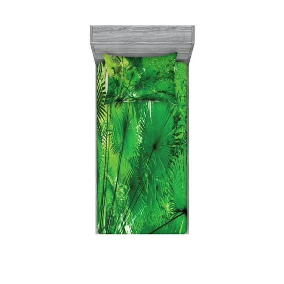 Ambesonne Tropical Fitted Sheet & Pillow Sham Set, Exotic Jungle Plants, Twin, Green