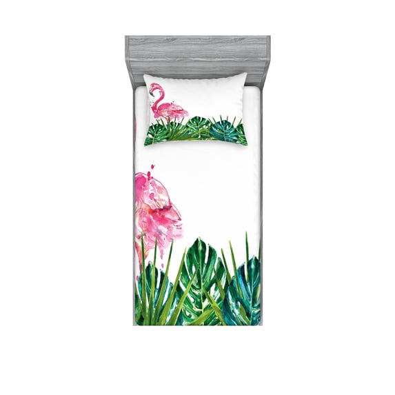 Ambesonne Tropical Fitted Sheet & Pillow Sham Set, Exotic Nature Flamingo, Twin, Green Pink Blue