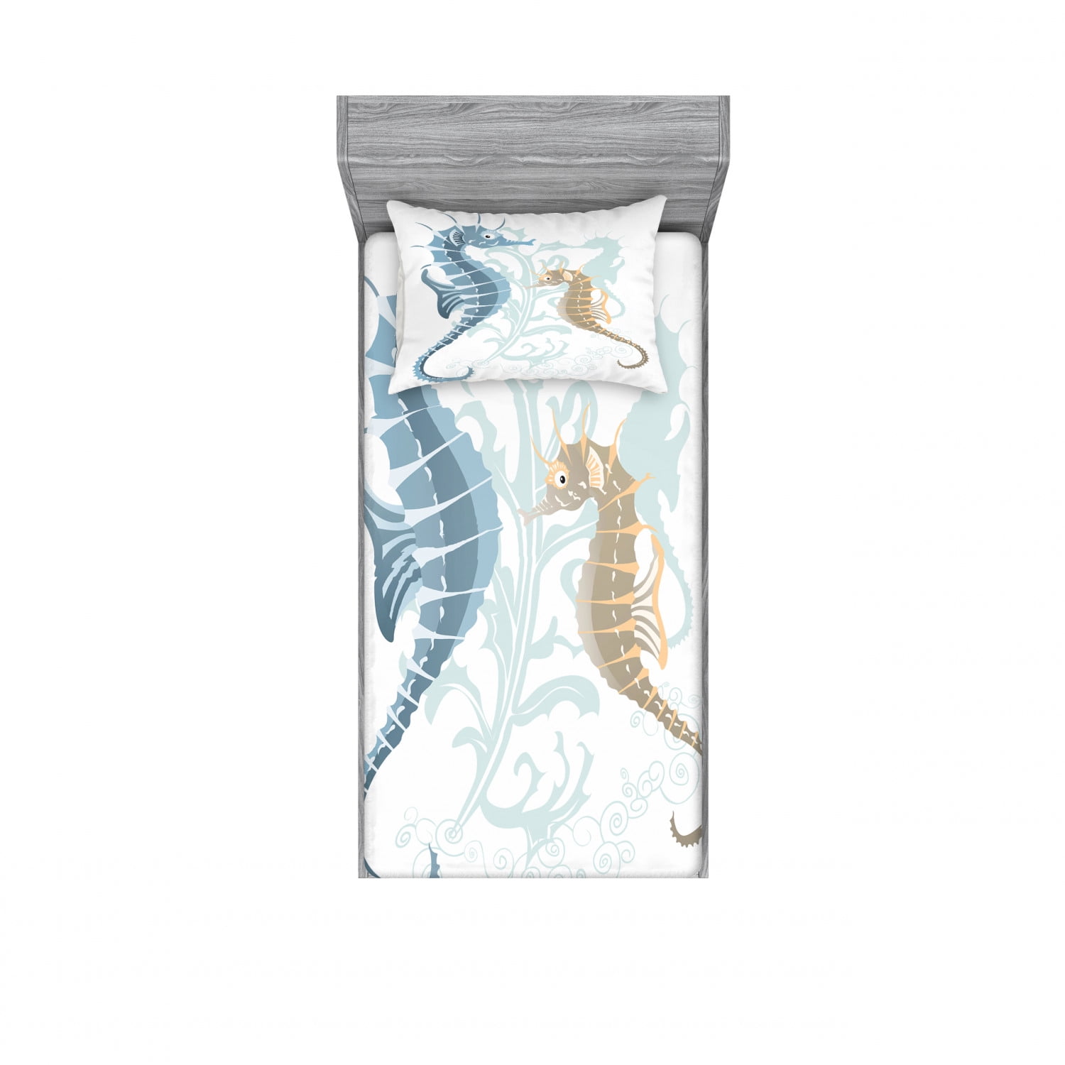 Ambesonne Seahorse Fitted Sheet ＆ Pillow Sham Set, Tropical Underwater Theme with Continuous Doodle Seahorses Print, Decorative Printed 6 Pie並行輸入 Ambesonne Underwater Fitted Sheet, Shell Crabs Seahorse, Full Size